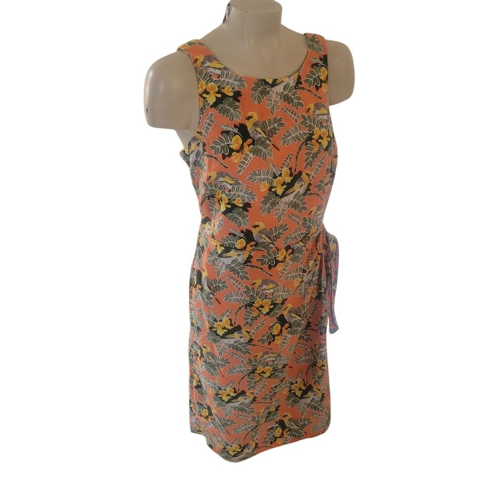 Tropical Floral Sleeveless Orange Dress With Bird Print & Waist Tie - Womens Vin